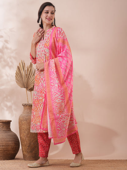 Ethnic Printed & Embroidered Straight Fit Kurta with Pant & Dupatta - Coral