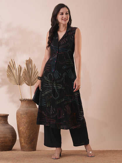 Solid Abstract Embroidered A-Line Paneled Kurta with Palazzo - Black