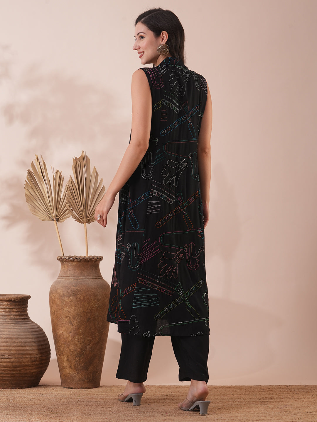 Solid Abstract Embroidered A-Line Paneled Kurta with Palazzo - Black