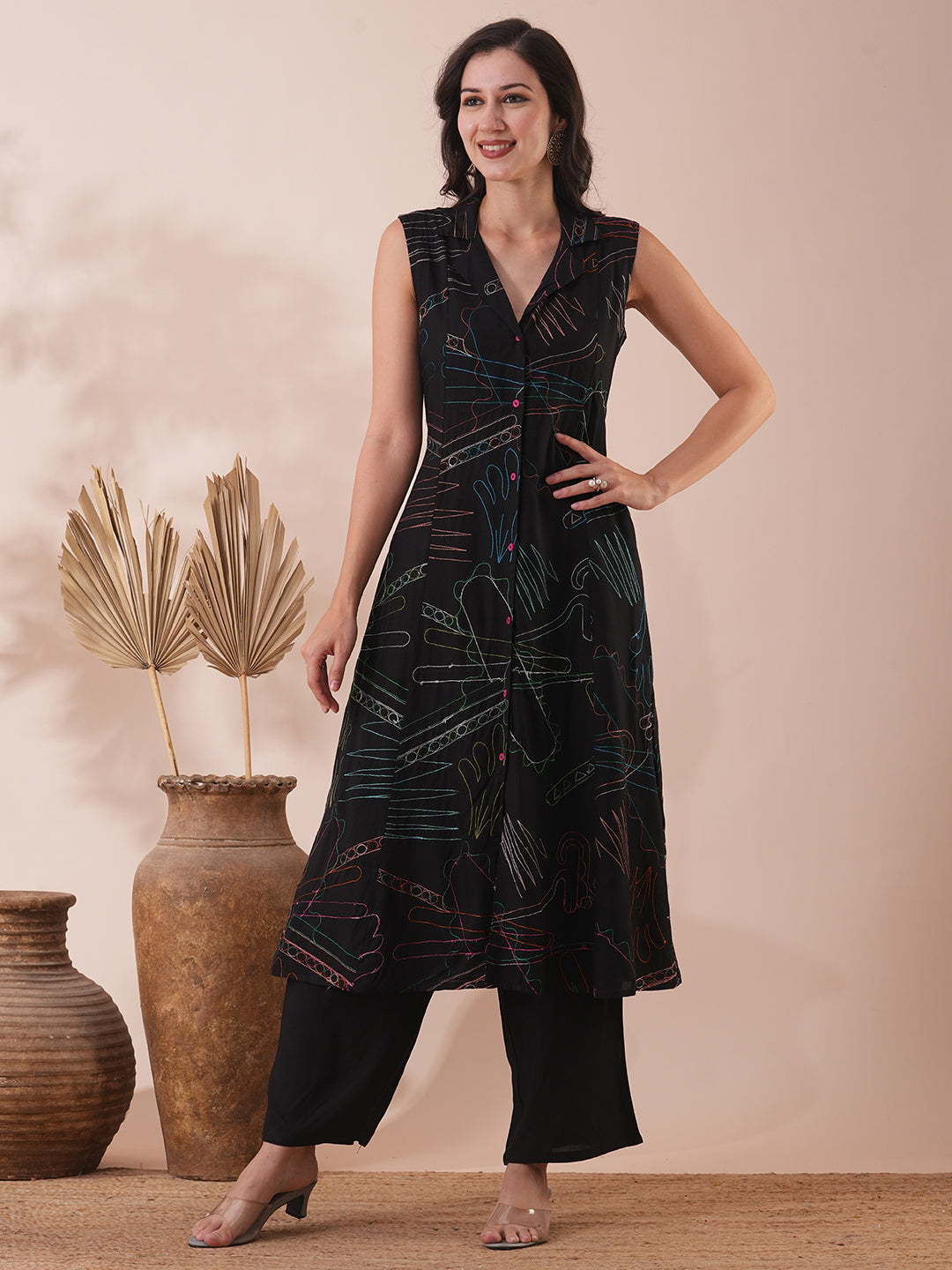 Solid Abstract Embroidered A-Line Paneled Kurta with Palazzo - Black