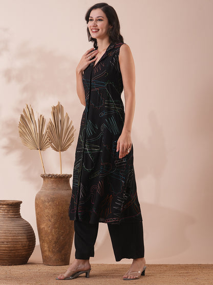 Solid Abstract Embroidered A-Line Paneled Kurta with Palazzo - Black