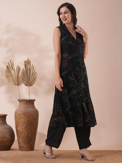 Solid Abstract Embroidered A-Line Paneled Kurta with Palazzo - Black