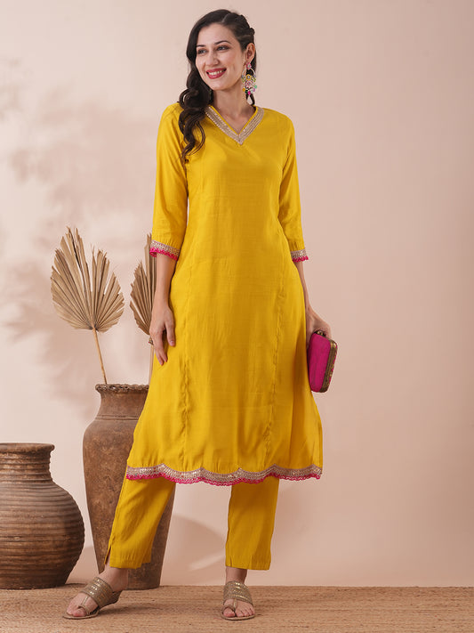 Solid Ethnic Embroidered Straight Fit Kurta with Pant - Yellow