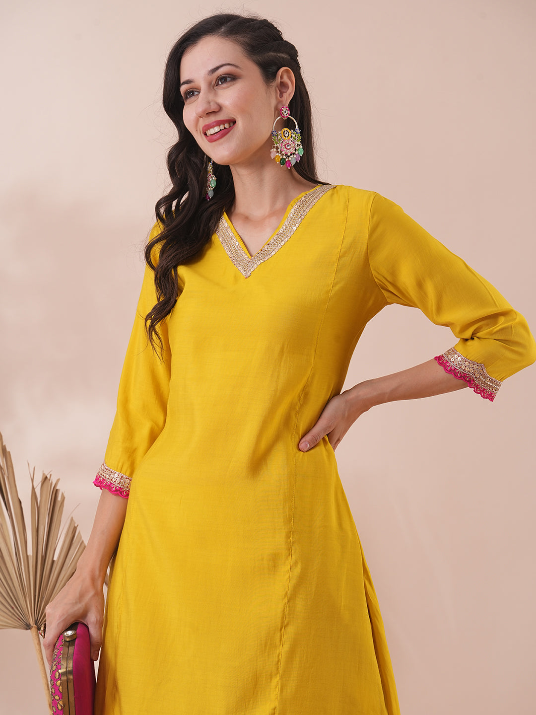 Solid Ethnic Embroidered Straight Fit Kurta with Pant - Yellow