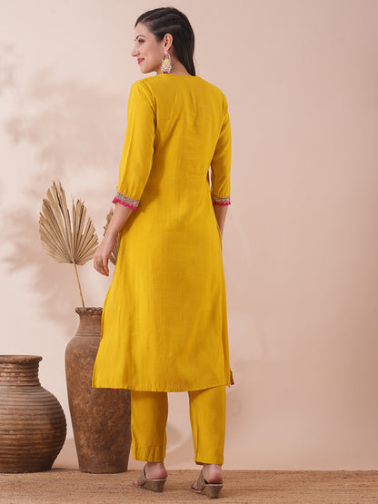 Solid Ethnic Embroidered Straight Fit Kurta with Pant - Yellow