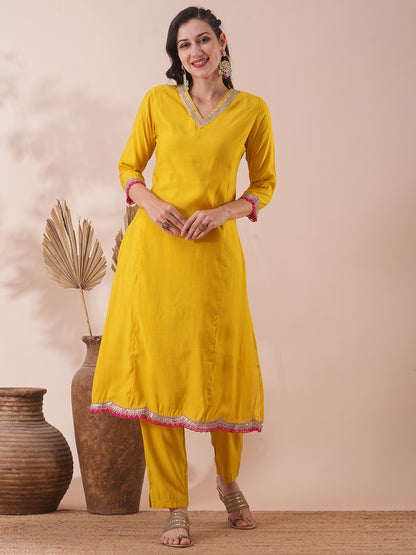 Solid Ethnic Embroidered Straight Fit Kurta with Pant - Yellow