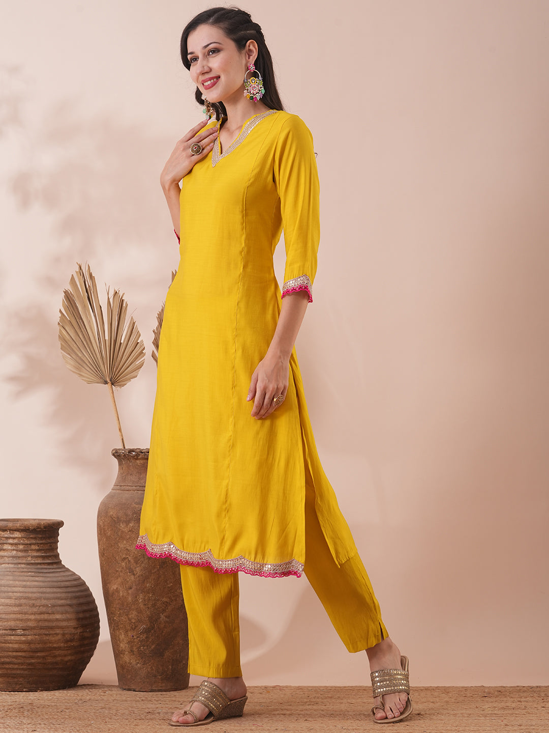 Solid Ethnic Embroidered Straight Fit Kurta with Pant - Yellow