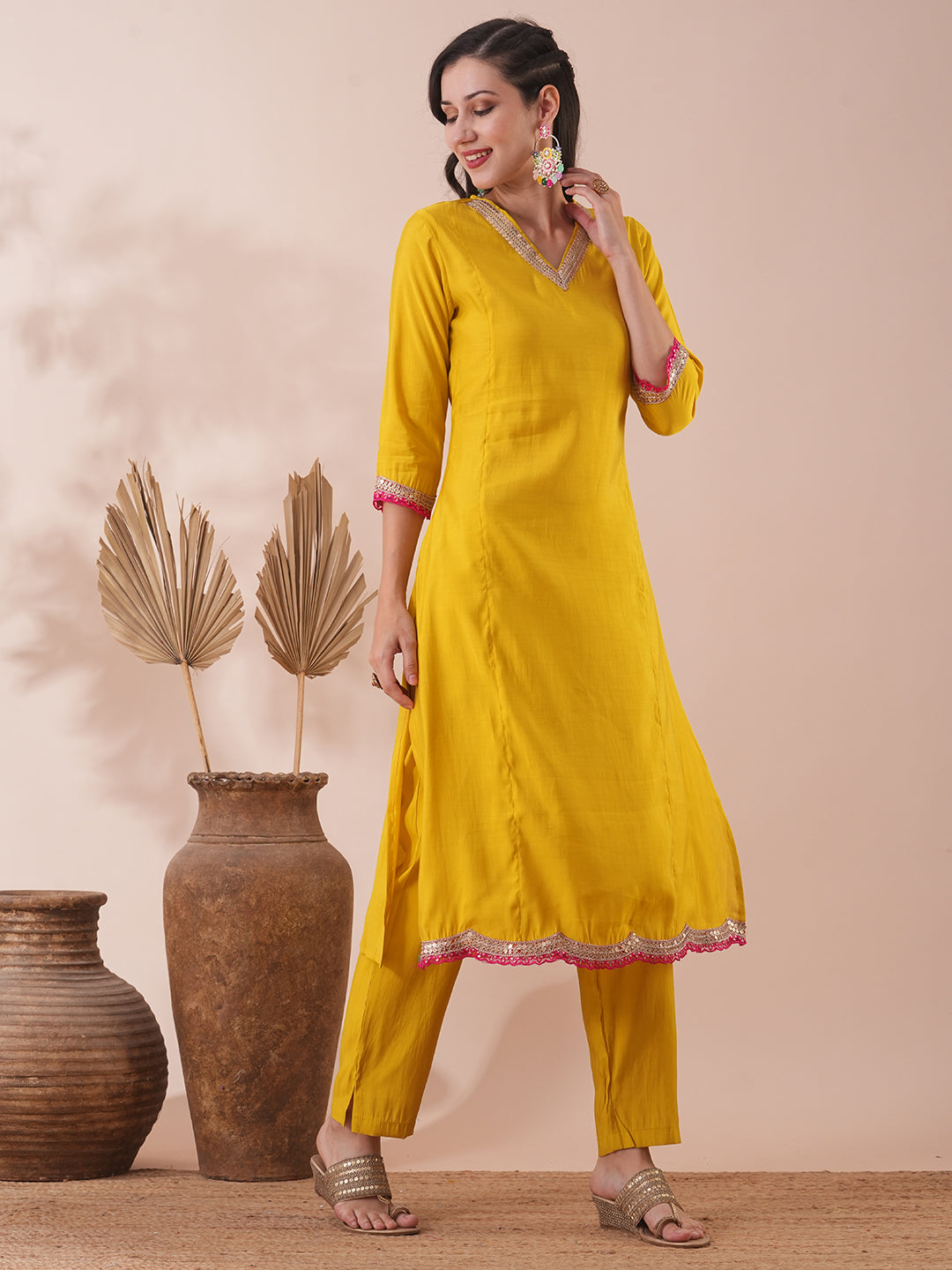 Solid Ethnic Embroidered Straight Fit Kurta with Pant - Yellow