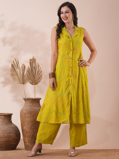 Solid Abstract Embroidered A-Line Paneled Kurta with Palazzo - Lime Green