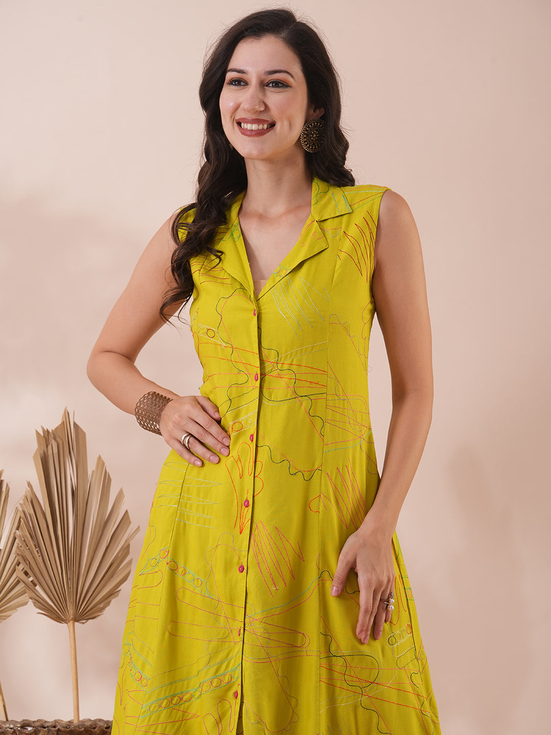 Solid Abstract Embroidered A-Line Paneled Kurta with Palazzo - Lime Green