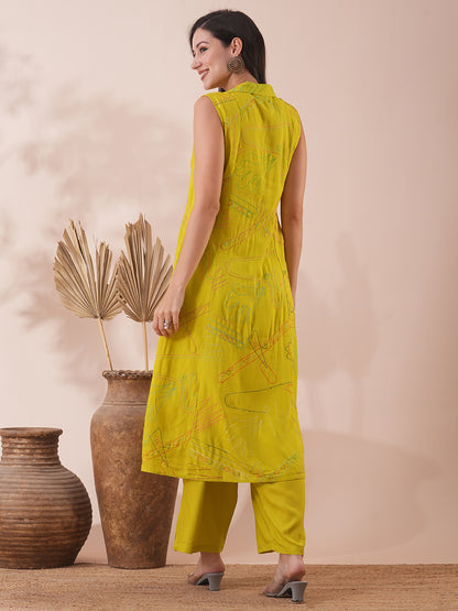 Solid Abstract Embroidered A-Line Paneled Kurta with Palazzo - Lime Green