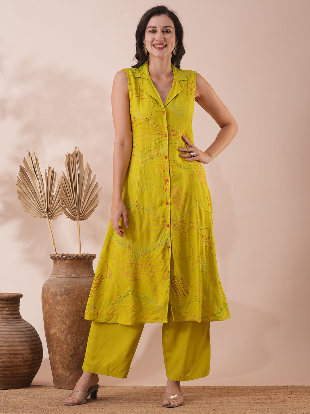 Solid Abstract Embroidered A-Line Paneled Kurta with Palazzo - Lime Green