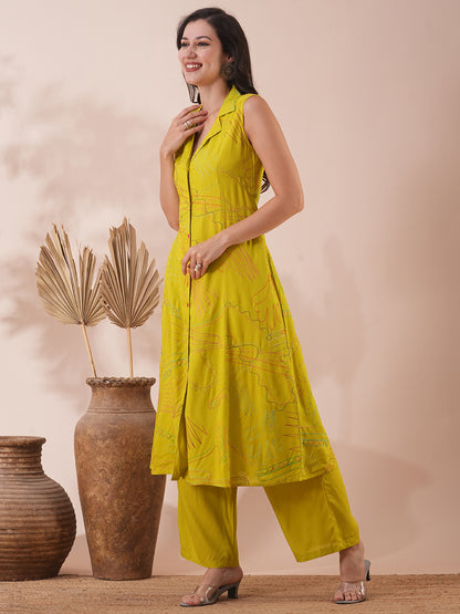 Solid Abstract Embroidered A-Line Paneled Kurta with Palazzo - Lime Green