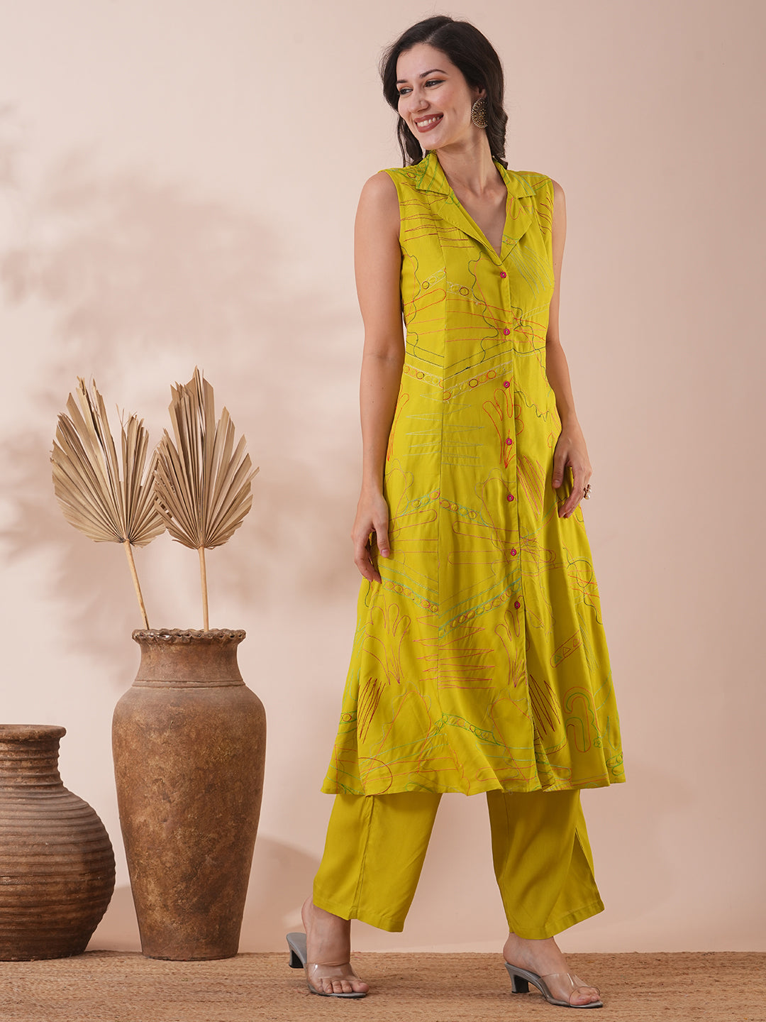 Solid Abstract Embroidered A-Line Paneled Kurta with Palazzo - Lime Green