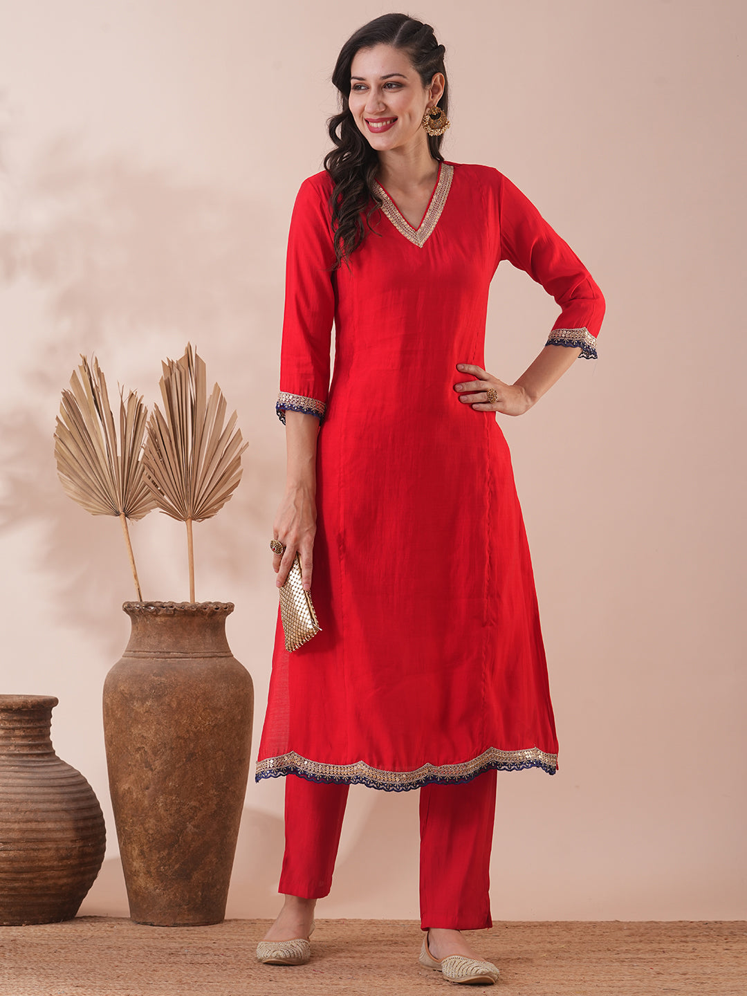 Solid Ethnic Embroidered Straight Fit Kurta with Pant - Red