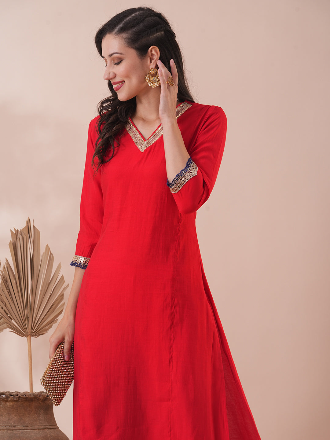 Solid Ethnic Embroidered Straight Fit Kurta with Pant - Red