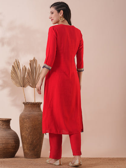 Solid Ethnic Embroidered Straight Fit Kurta with Pant - Red