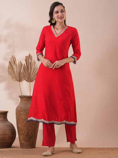 Solid Ethnic Embroidered Straight Fit Kurta with Pant - Red