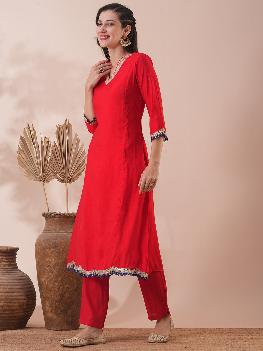 Solid Ethnic Embroidered Straight Fit Kurta with Pant - Red