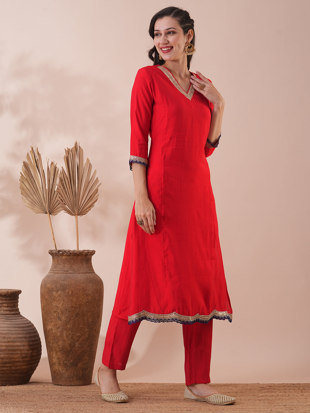 Solid Ethnic Embroidered Straight Fit Kurta with Pant - Red