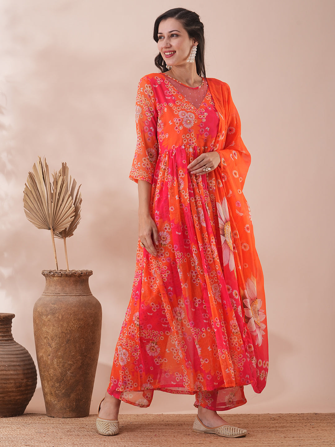 Abstract Floral Printed A-Line Pleated Kurta with Palazzo & Dupatta - Multi