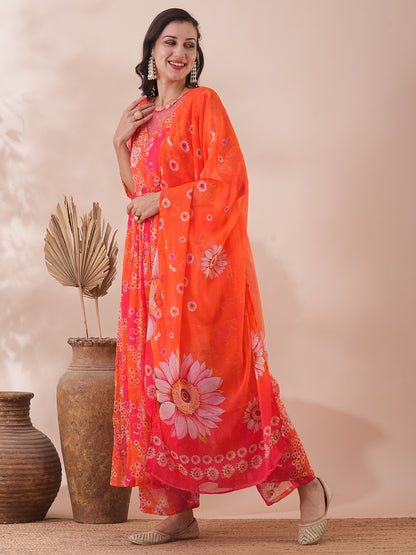 Abstract Floral Printed A-Line Pleated Kurta with Palazzo & Dupatta - Multi