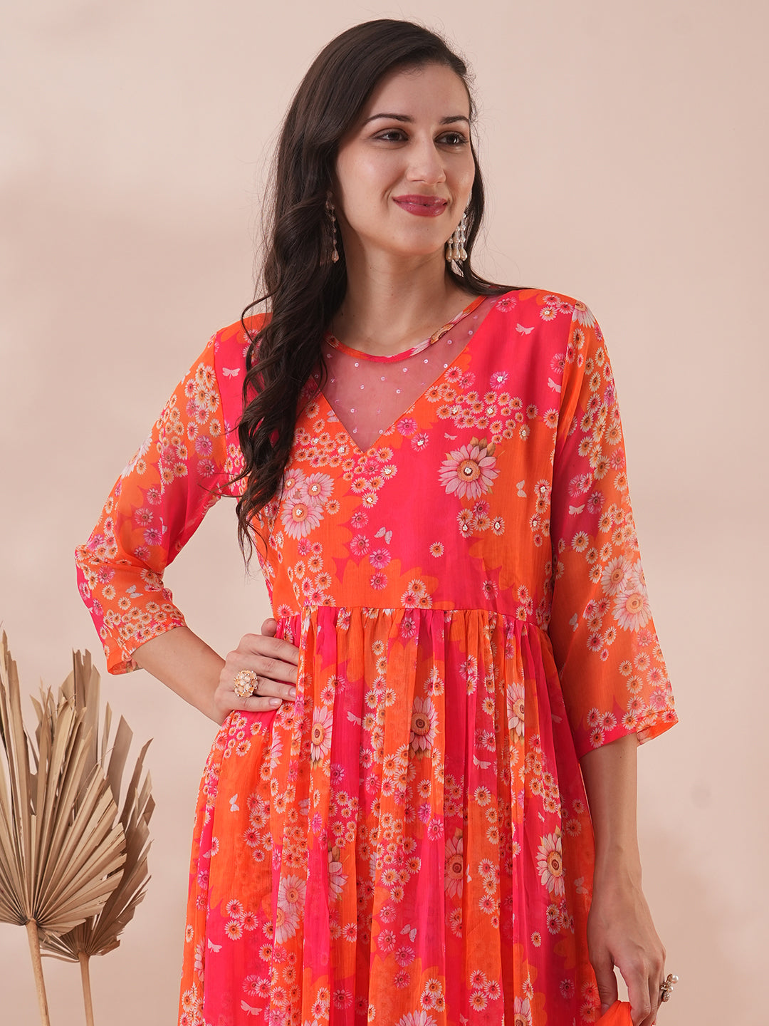 Abstract Floral Printed A-Line Pleated Kurta with Palazzo & Dupatta - Multi