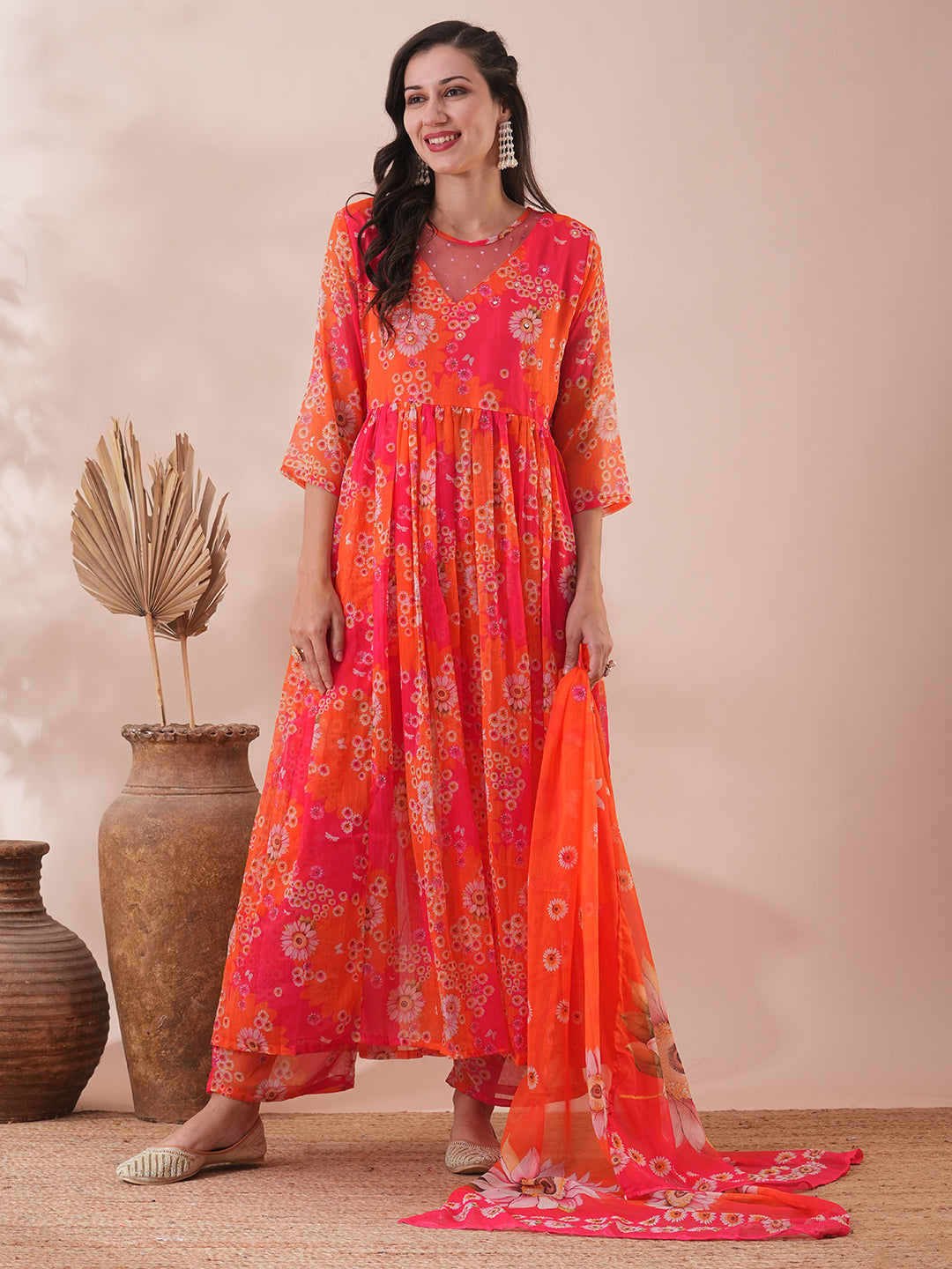 Abstract Floral Printed A-Line Pleated Kurta with Palazzo & Dupatta - Multi