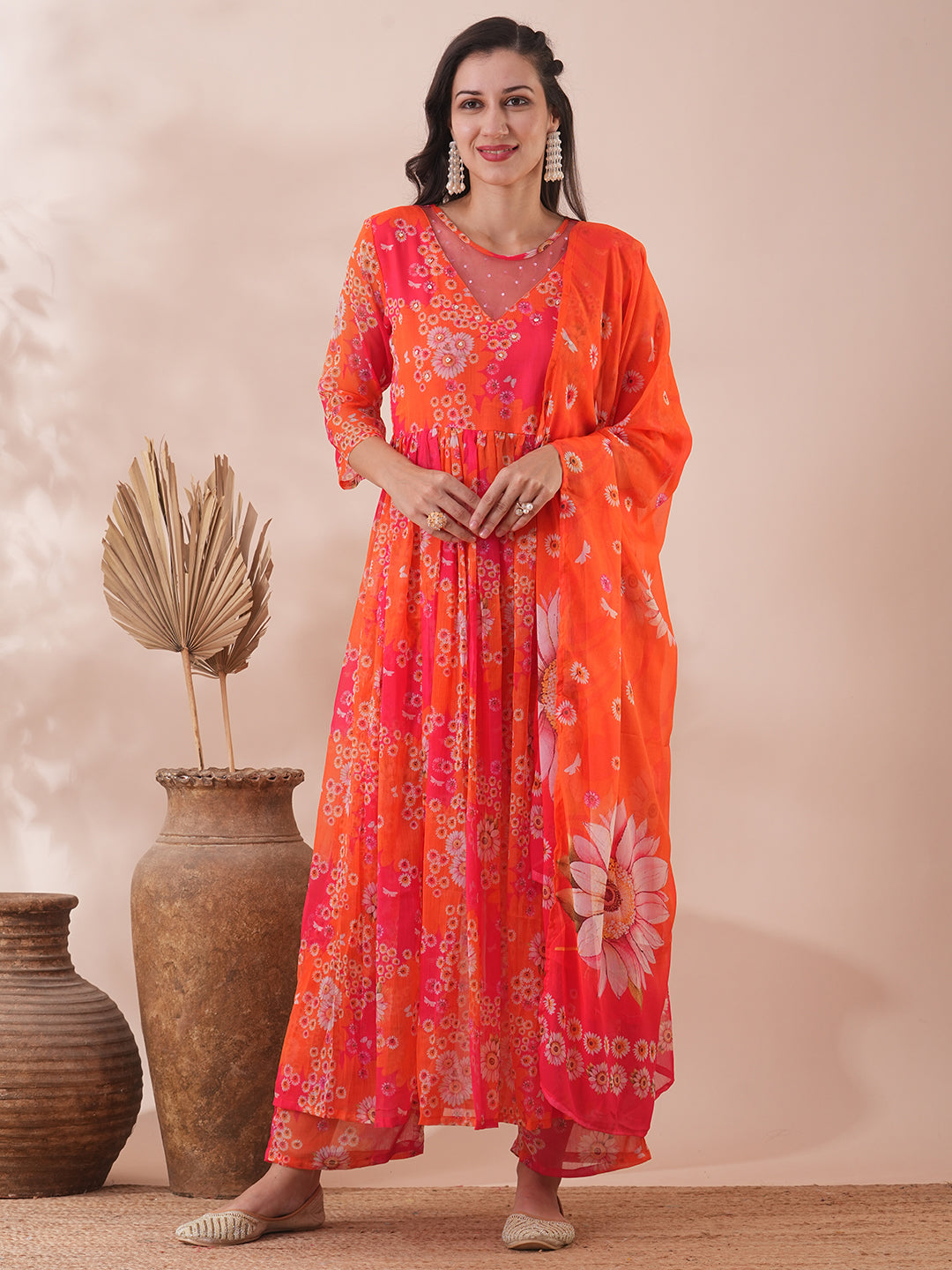 Abstract Floral Printed A-Line Pleated Kurta with Palazzo & Dupatta - Multi