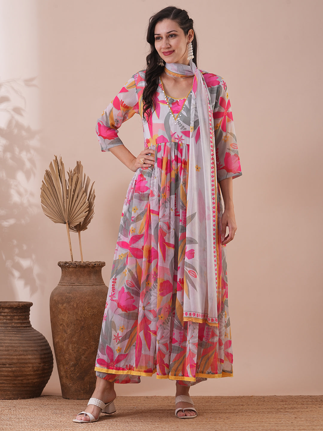 Abstract Floral Printed A-Line Pleated Kurta with Palazzo & Dupatta - Multi