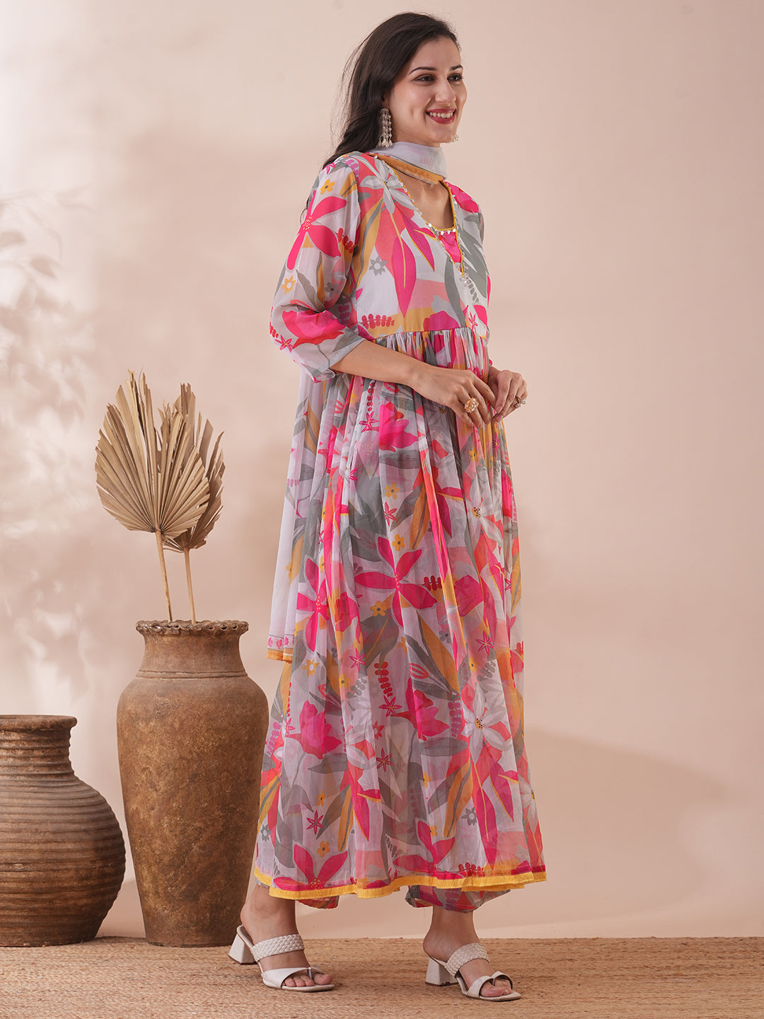 Abstract Floral Printed A-Line Pleated Kurta with Palazzo & Dupatta - Multi