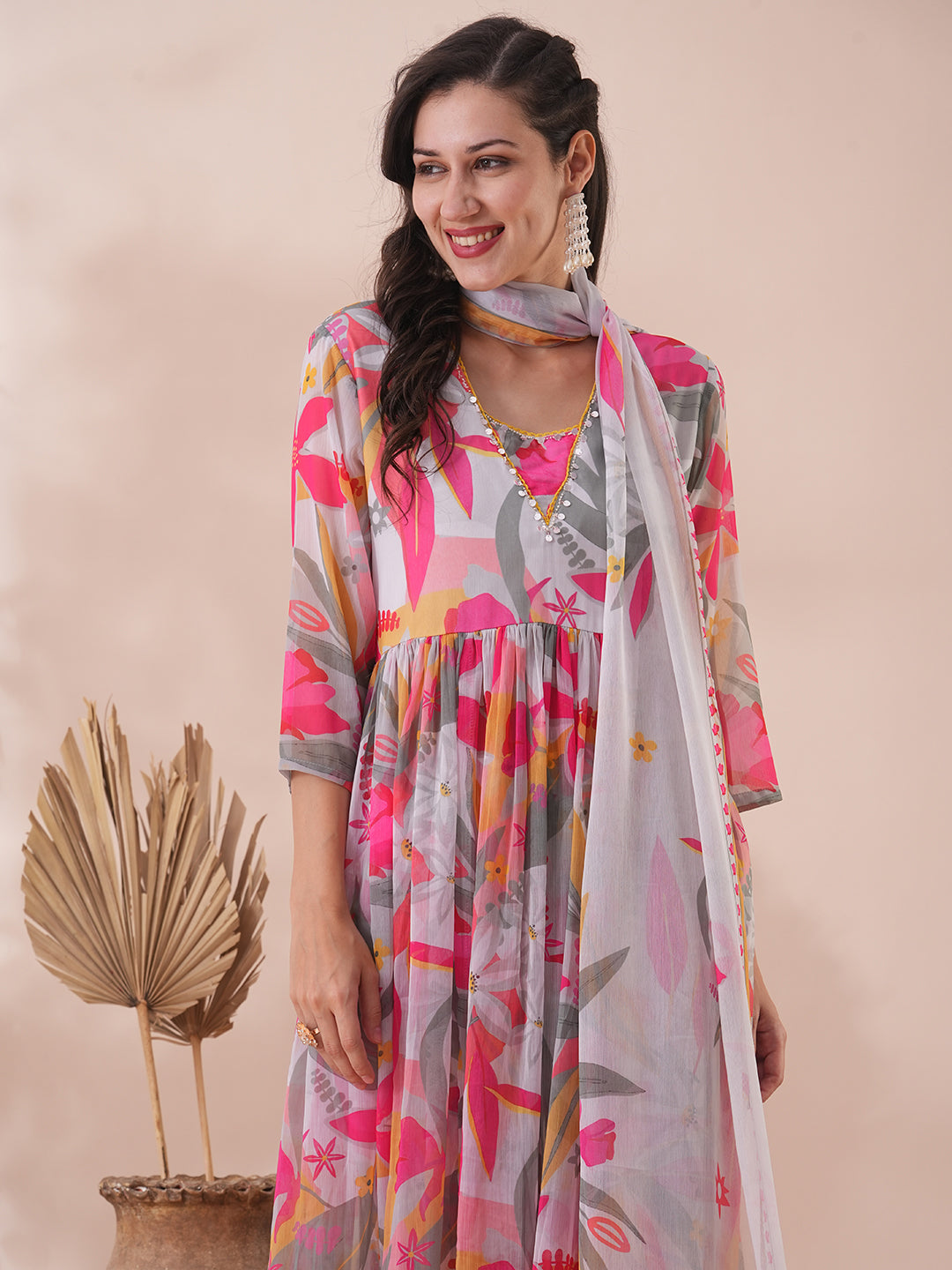 Abstract Floral Printed A-Line Pleated Kurta with Palazzo & Dupatta - Multi