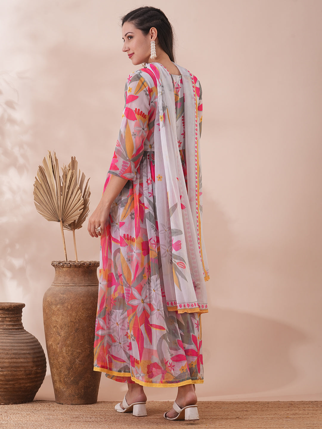 Abstract Floral Printed A-Line Pleated Kurta with Palazzo & Dupatta - Multi