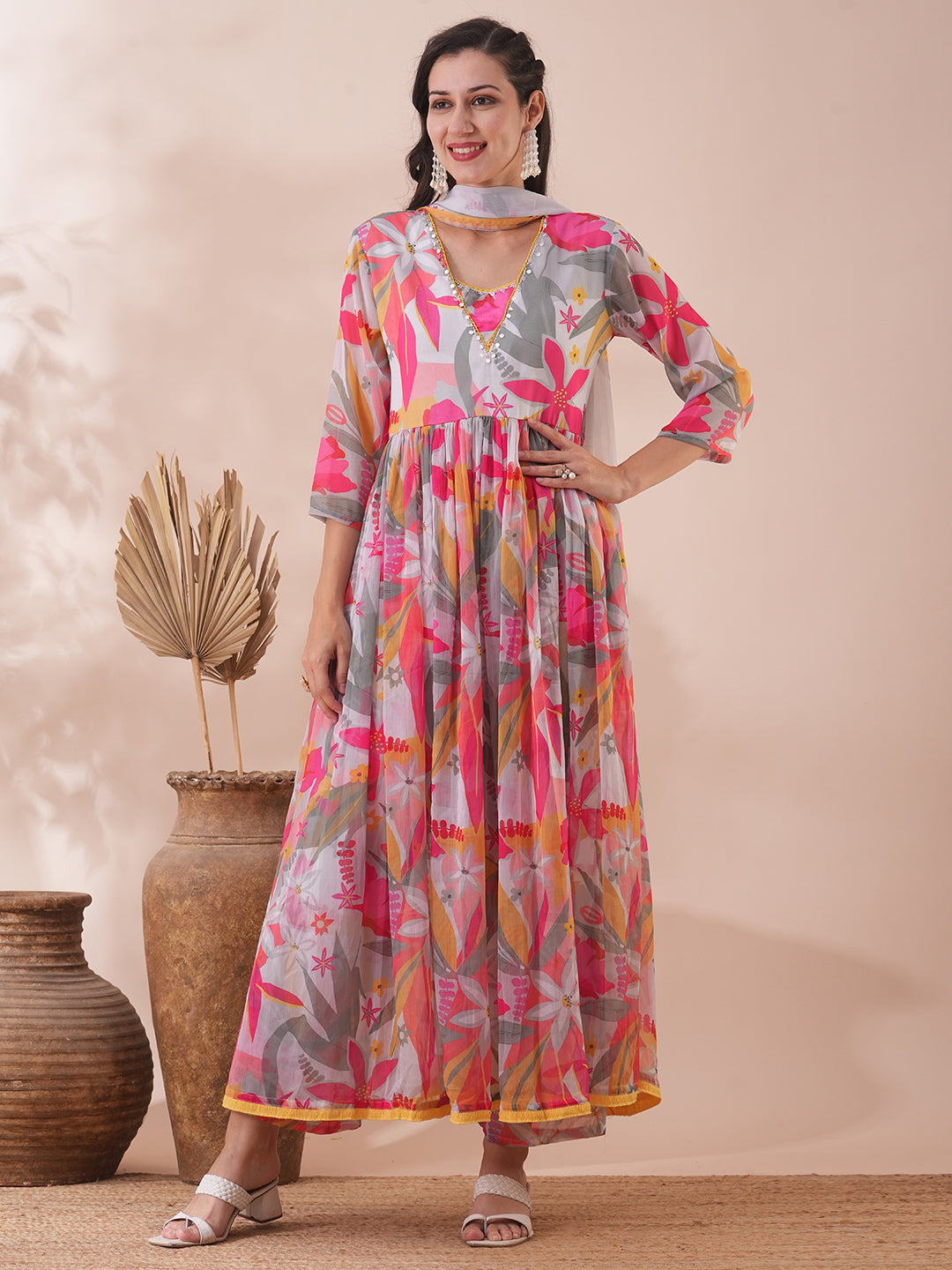 Abstract Floral Printed A-Line Pleated Kurta with Palazzo & Dupatta - Multi