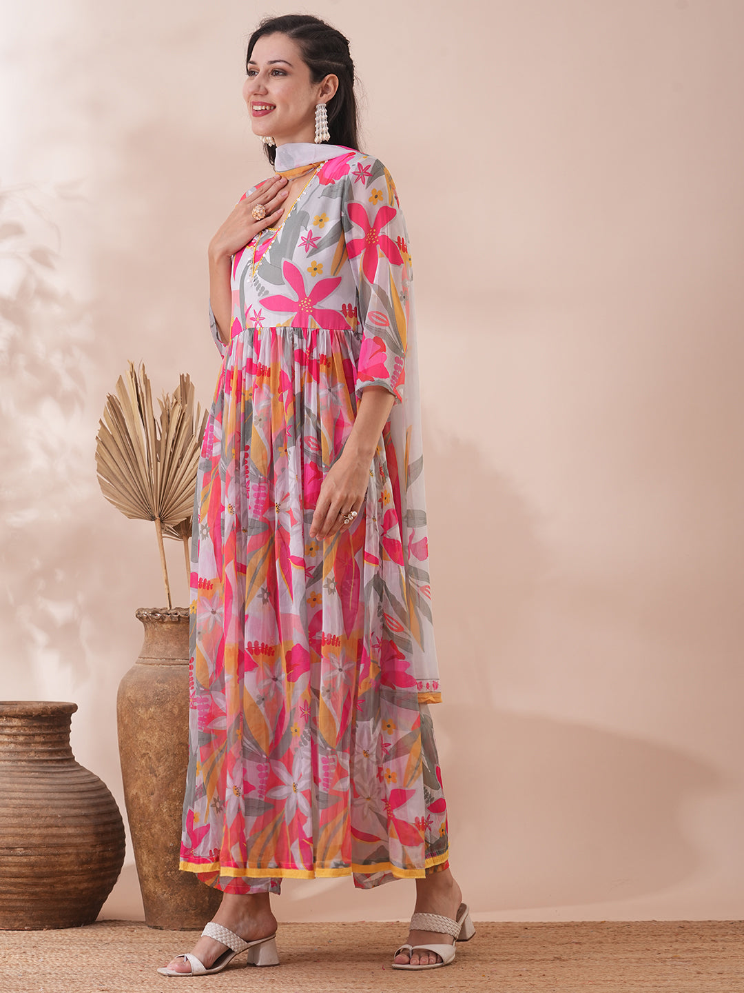 Abstract Floral Printed A-Line Pleated Kurta with Palazzo & Dupatta - Multi