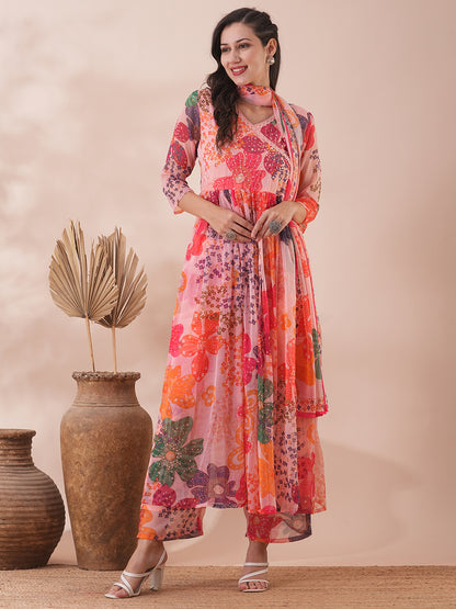 Abstract Floral Printed A-Line Pleated Kurta with Palazzo & Dupatta - Peach