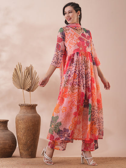 Abstract Floral Printed A-Line Pleated Kurta with Palazzo & Dupatta - Peach