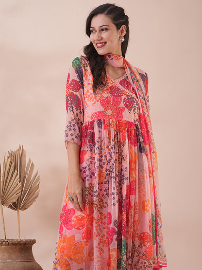 Abstract Floral Printed A-Line Pleated Kurta with Palazzo & Dupatta - Peach