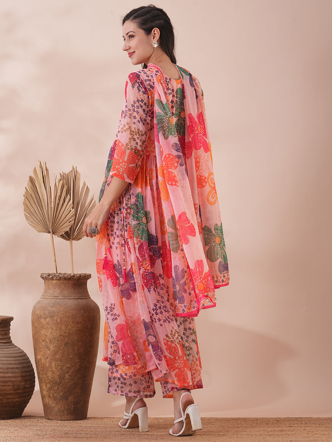 Abstract Floral Printed A-Line Pleated Kurta with Palazzo & Dupatta - Peach