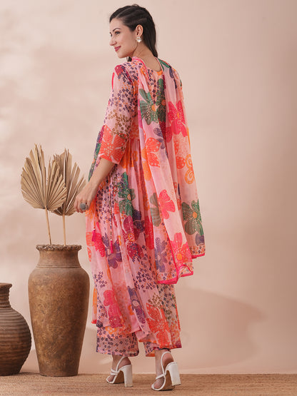 Abstract Floral Printed A-Line Pleated Kurta with Palazzo & Dupatta - Peach