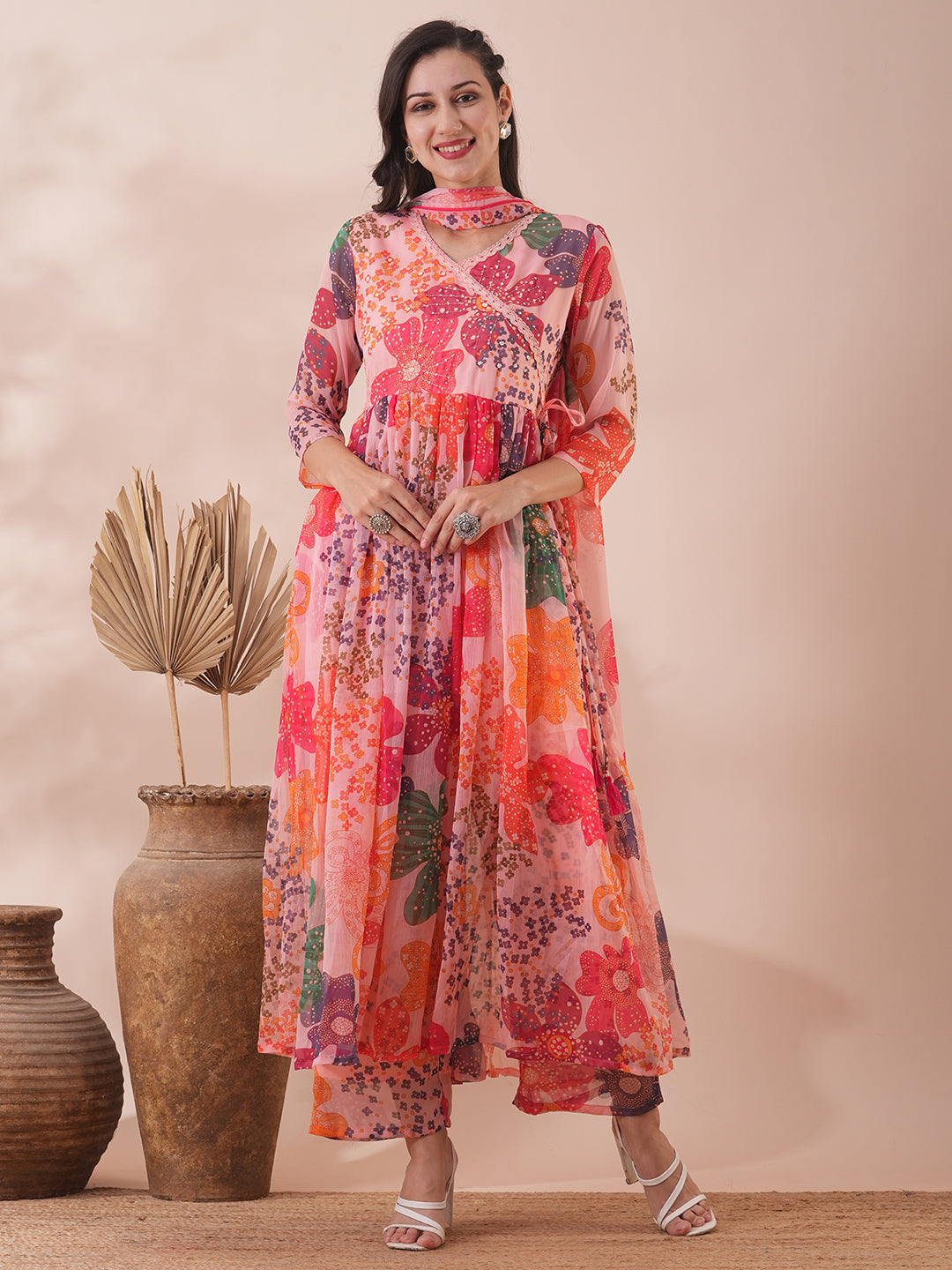 Abstract Floral Printed A-Line Pleated Kurta with Palazzo & Dupatta - Peach