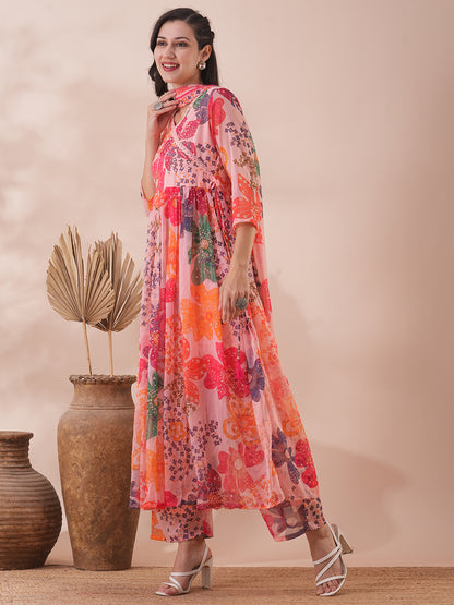 Abstract Floral Printed A-Line Pleated Kurta with Palazzo & Dupatta - Peach