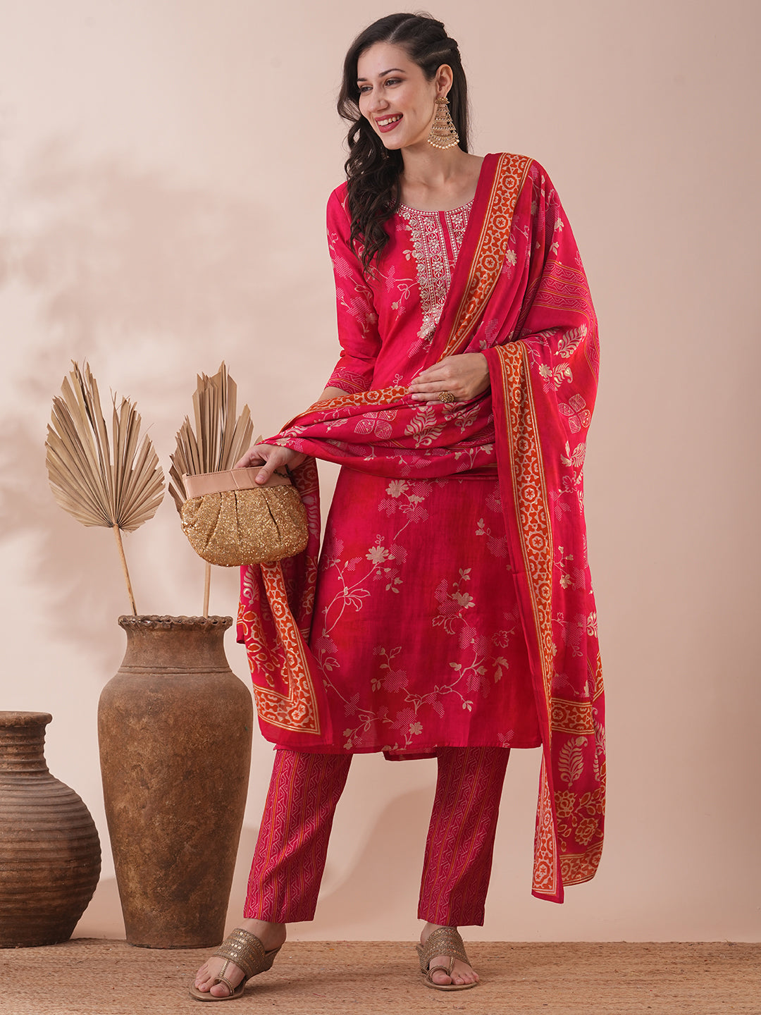 Ethnic Floral Printed & Embroidered Straight Kurta with Pant & Dupatta - Pink