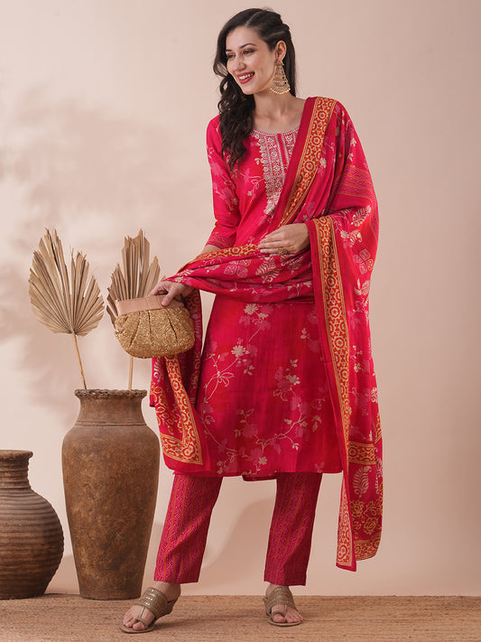 Ethnic Floral Printed & Embroidered Straight Kurta with Pant & Dupatta - Pink