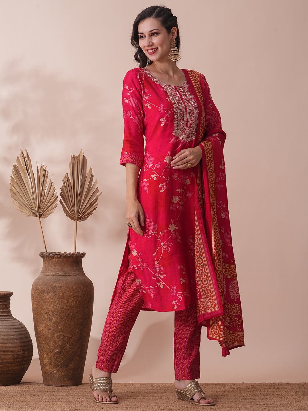 Ethnic Floral Printed & Embroidered Straight Kurta with Pant & Dupatta - Pink