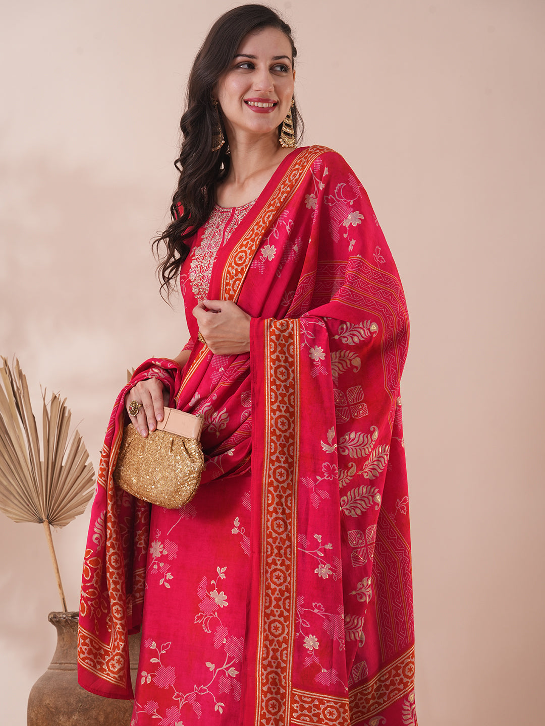 Ethnic Floral Printed & Embroidered Straight Kurta with Pant & Dupatta - Pink