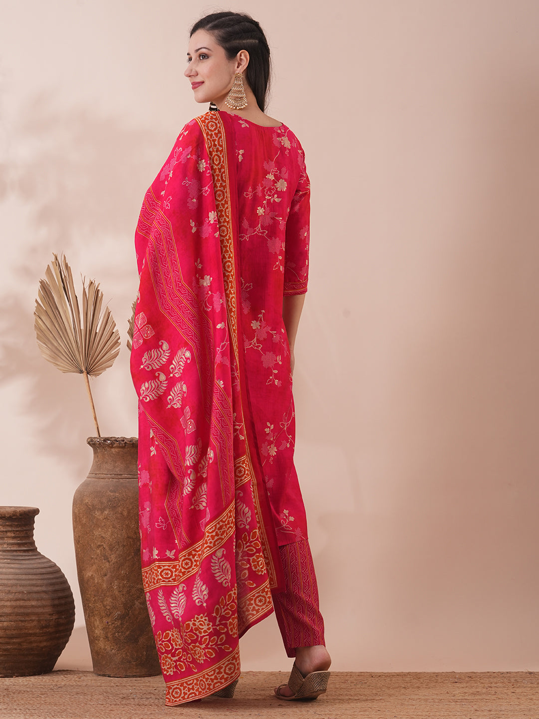 Ethnic Floral Printed & Embroidered Straight Kurta with Pant & Dupatta - Pink