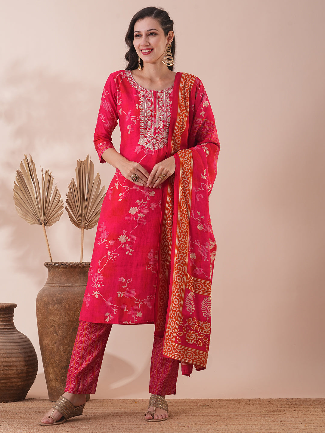 Ethnic Floral Printed & Embroidered Straight Kurta with Pant & Dupatta - Pink