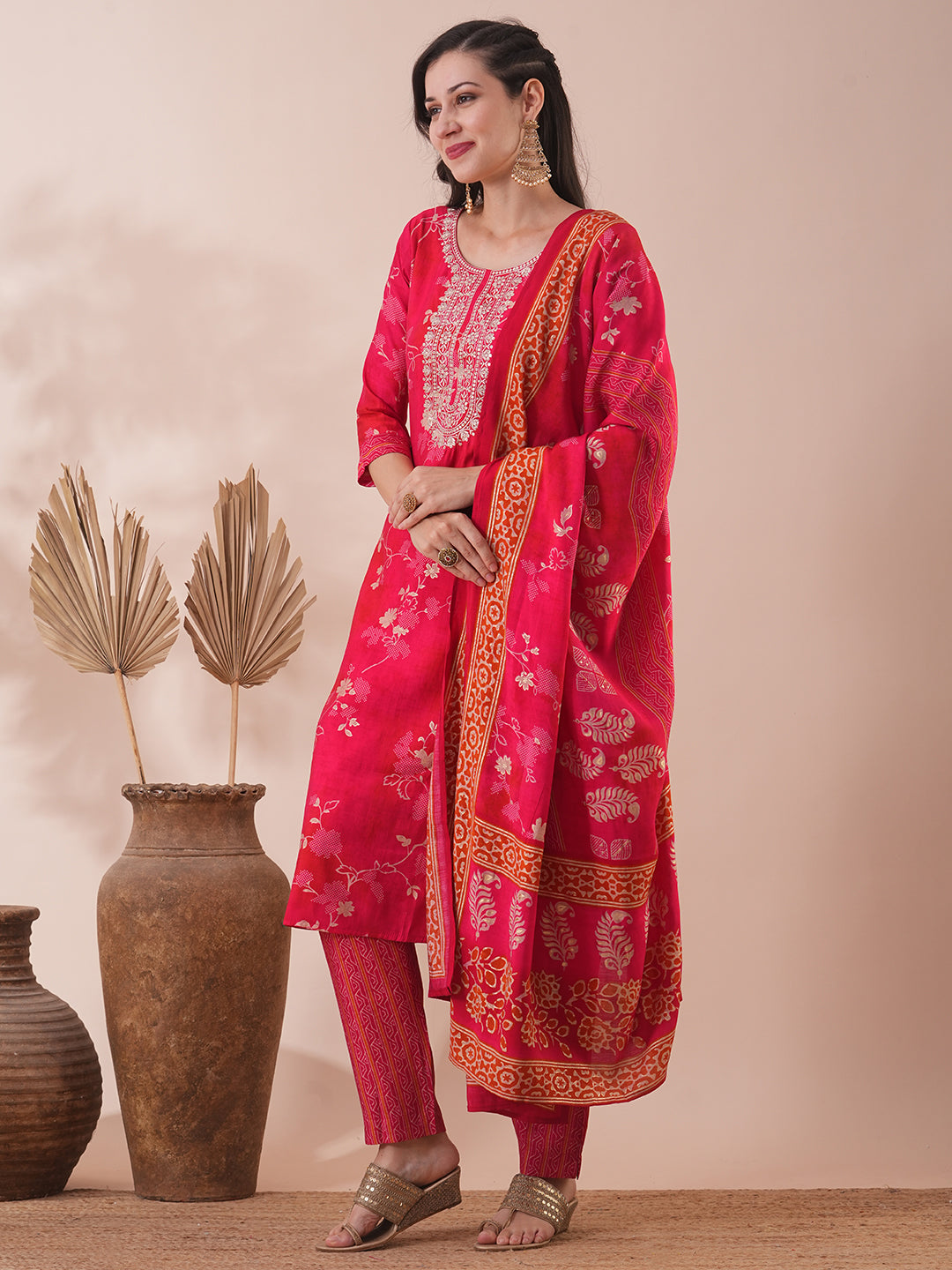 Ethnic Floral Printed & Embroidered Straight Kurta with Pant & Dupatta - Pink