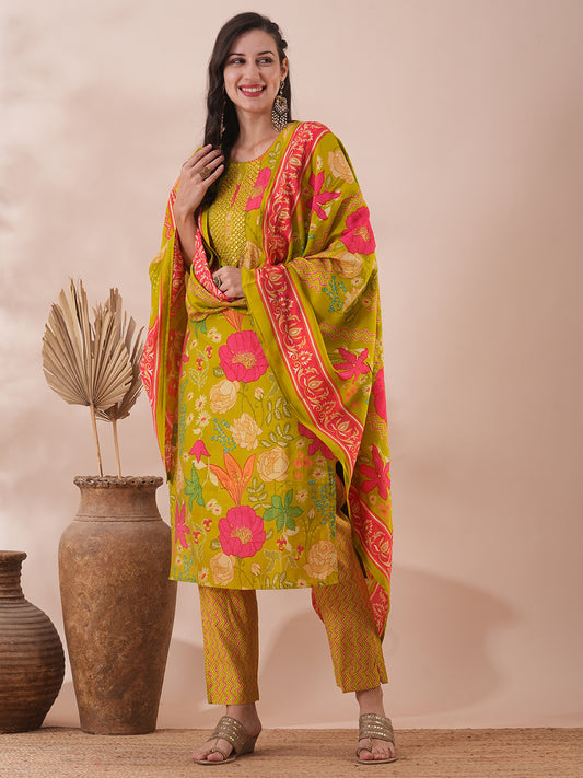 Floral Printed & Mirror Embroidered Straight Kurta with Pant & Dupatta - Lime Green